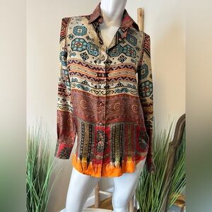 NEW PIERRE-LOUIS MASCIA Aloe women's long sleeve button down blouse Aztec XS